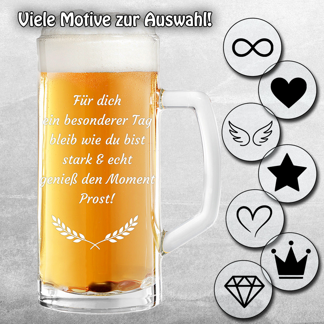 Personalisierter Bierkrug mit Gravur – Wunschtext & Symbol