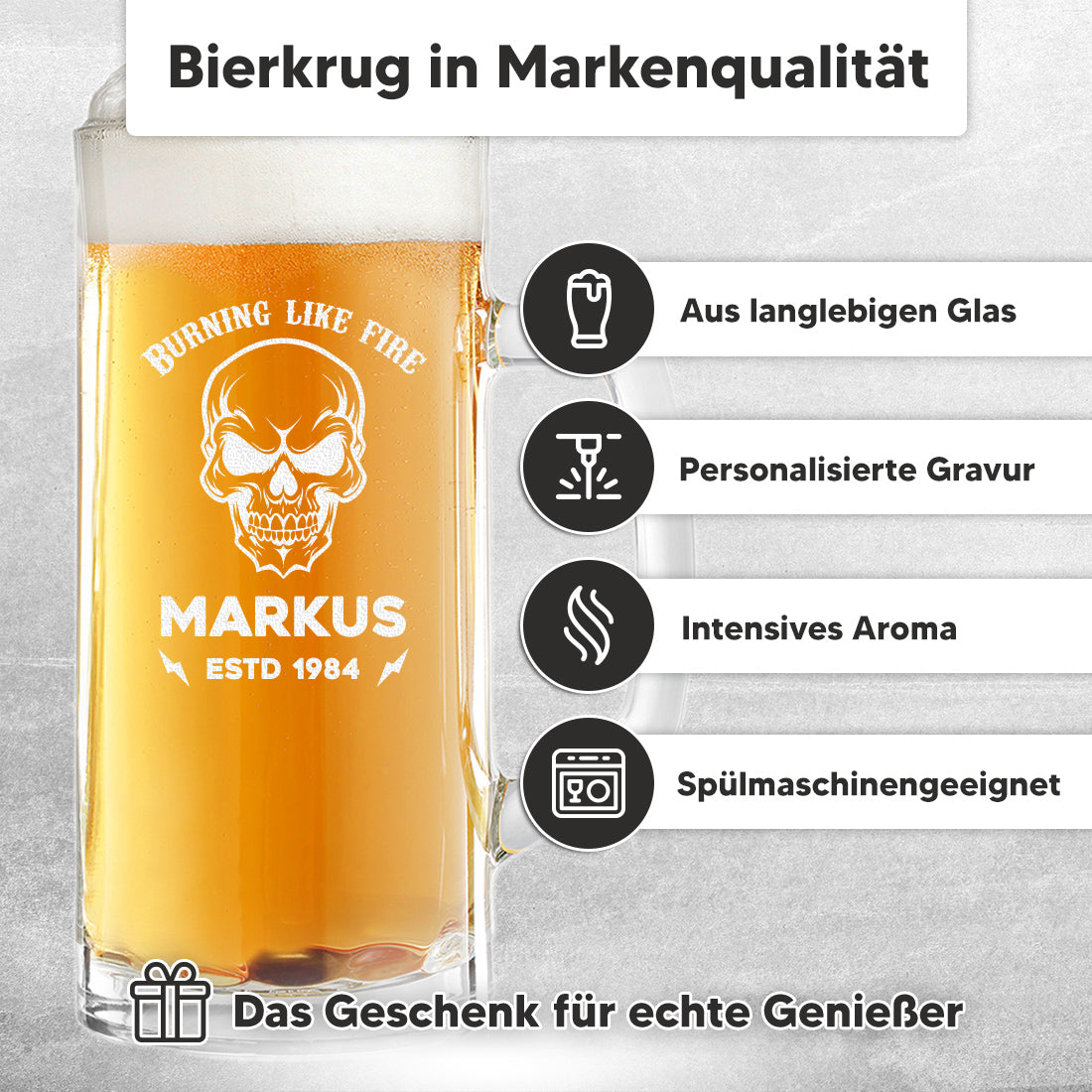 Bierkrug 0,5 Liter und Holzkiste Set mit Totenkopf-Motiv