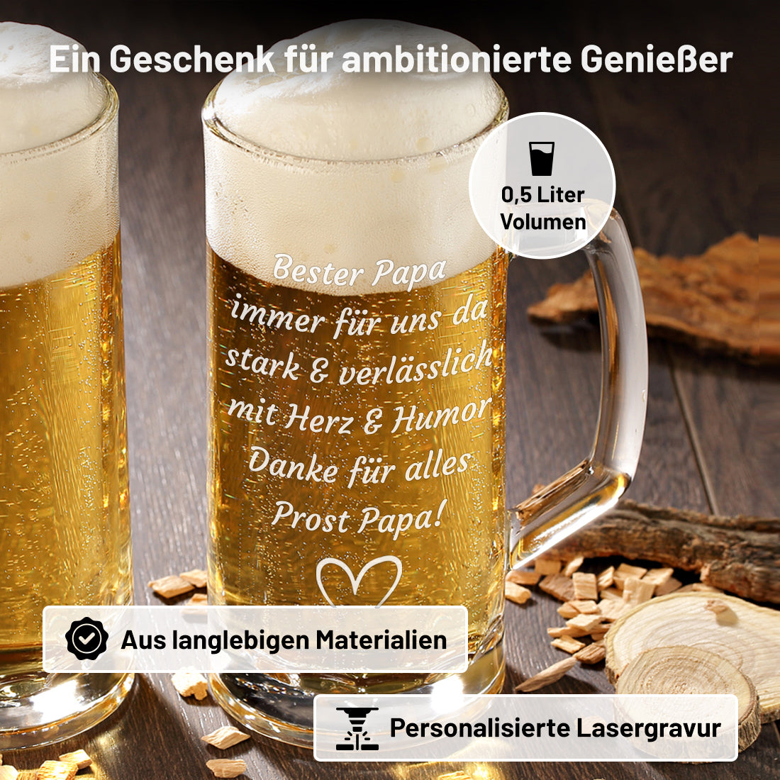 Personalisierter Bierkrug mit Gravur – Wunschtext & Symbol