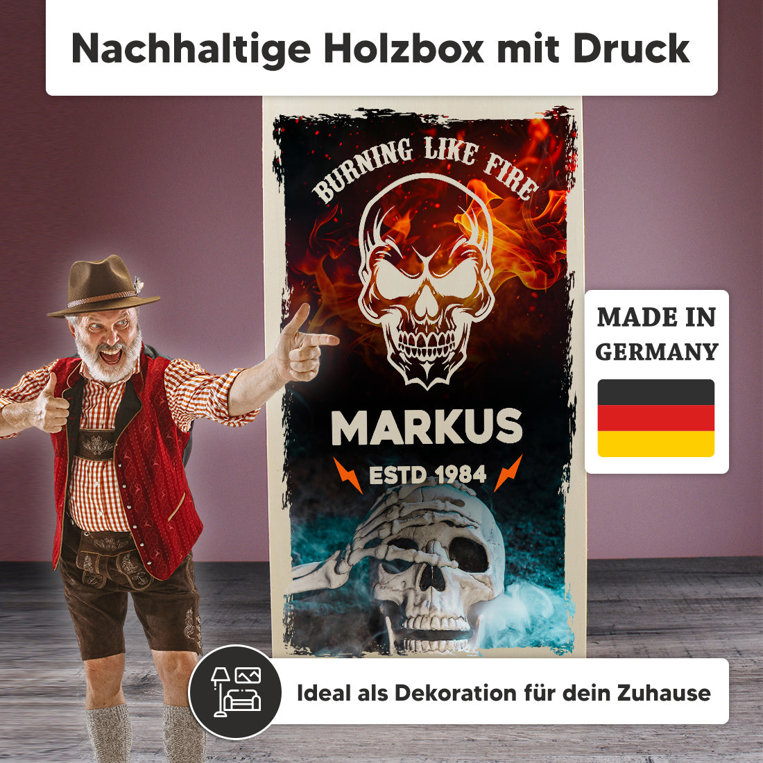 Bierkrug 0,5 Liter und Holzkiste Set mit Totenkopf-Motiv