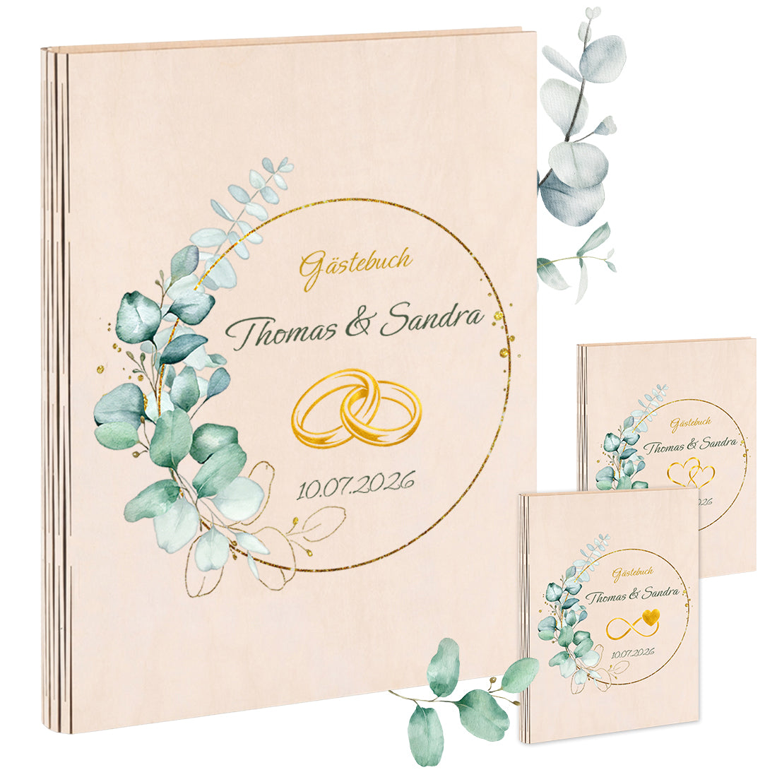 Personalisiertes Hochzeitsgästebuch aus Holz DIN A4 mit Namen & Goldmotiv