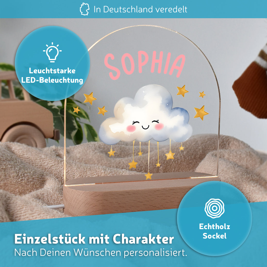 LED-Kinderzimmerlampe auf Echtholz-Sockel mit Motiv Wolke