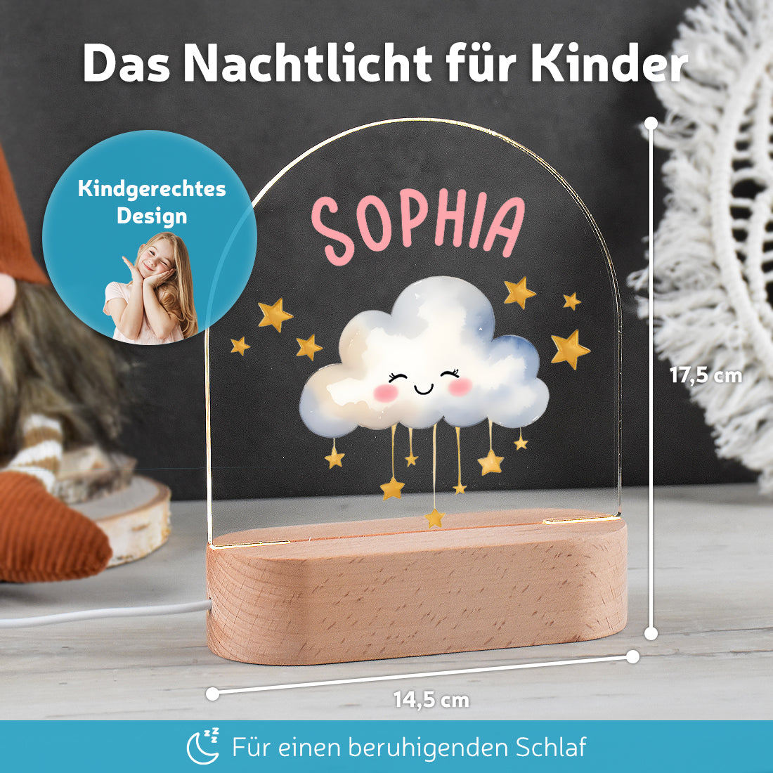 Personalisiertes Nachtlicht Größenangabe mit Motiv Wolke