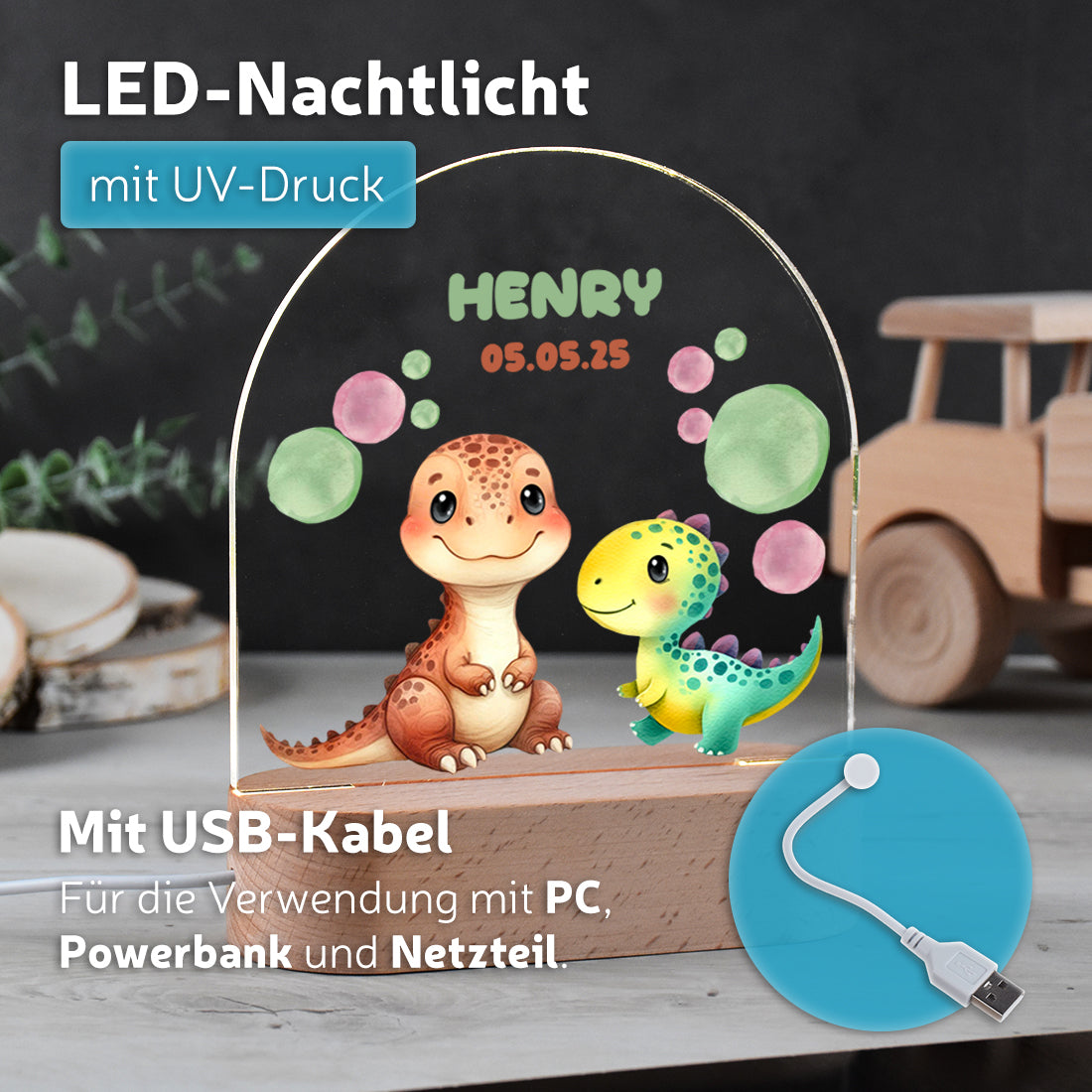 Personalisiertes Dino LED - Nachtlicht mit Namen & Datum