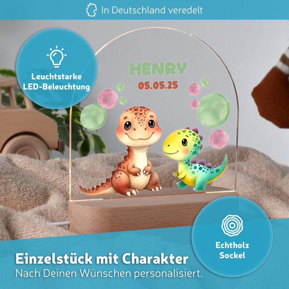 Personalisiertes Dino LED - Nachtlicht mit Namen & Datum