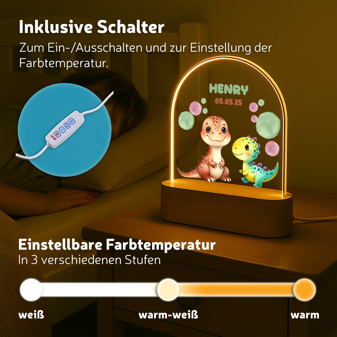 Personalisiertes Dino LED - Nachtlicht mit Namen & Datum