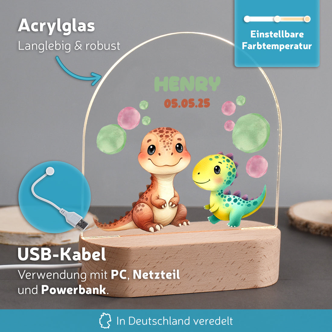 Personalisiertes Dino LED - Nachtlicht mit Namen & Datum