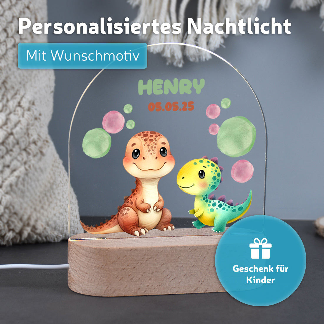 Personalisiertes Dino LED - Nachtlicht mit Namen & Datum