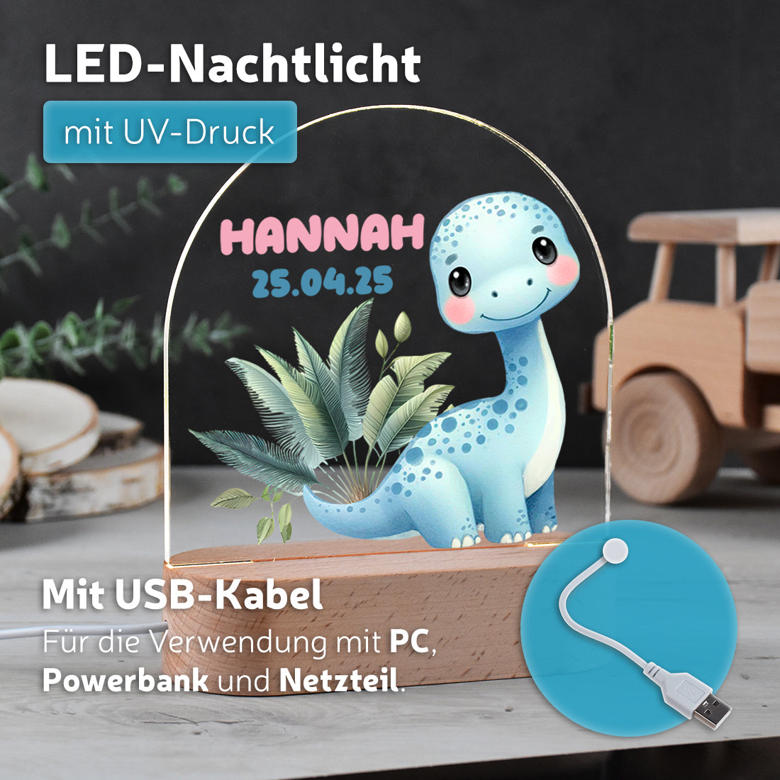 Personalisiertes Dino Nachtlicht – Blauer Dinosaurier mit Name