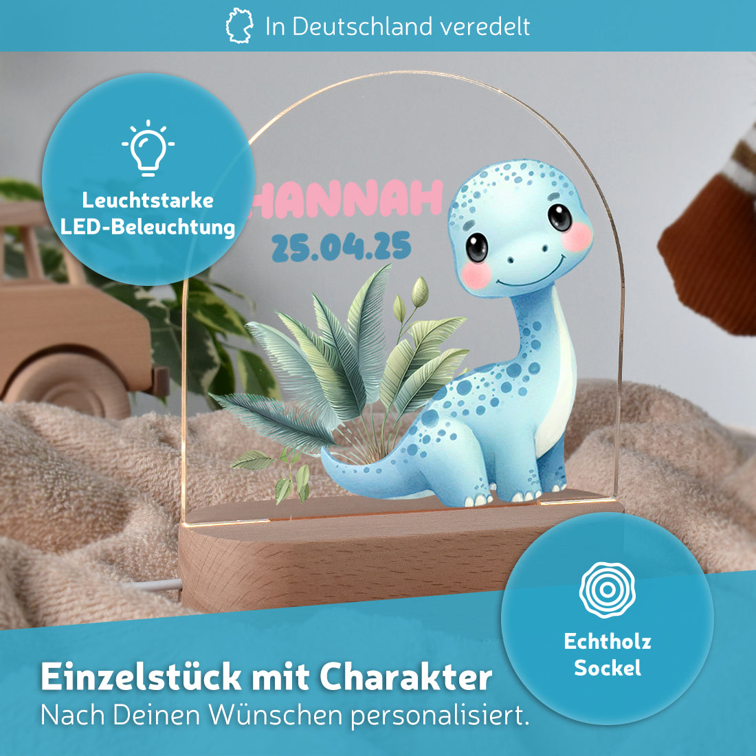 Personalisiertes Dino Nachtlicht – Blauer Dinosaurier mit Name
