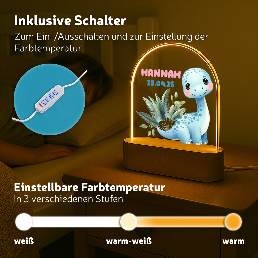 Personalisiertes Dino Nachtlicht – Blauer Dinosaurier mit Name