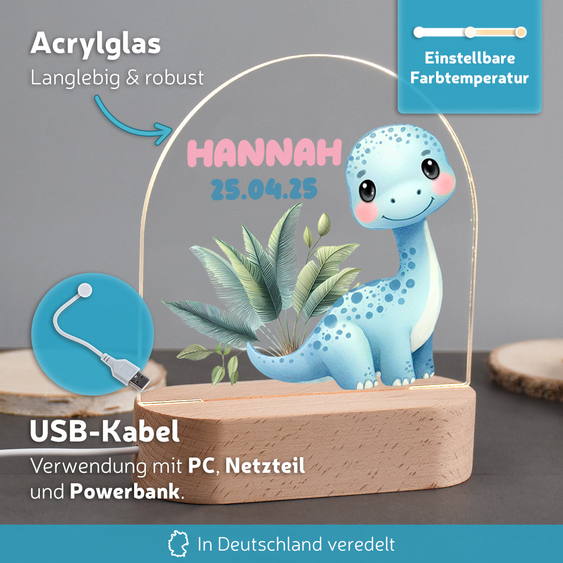 Personalisiertes Dino Nachtlicht – Blauer Dinosaurier mit Name