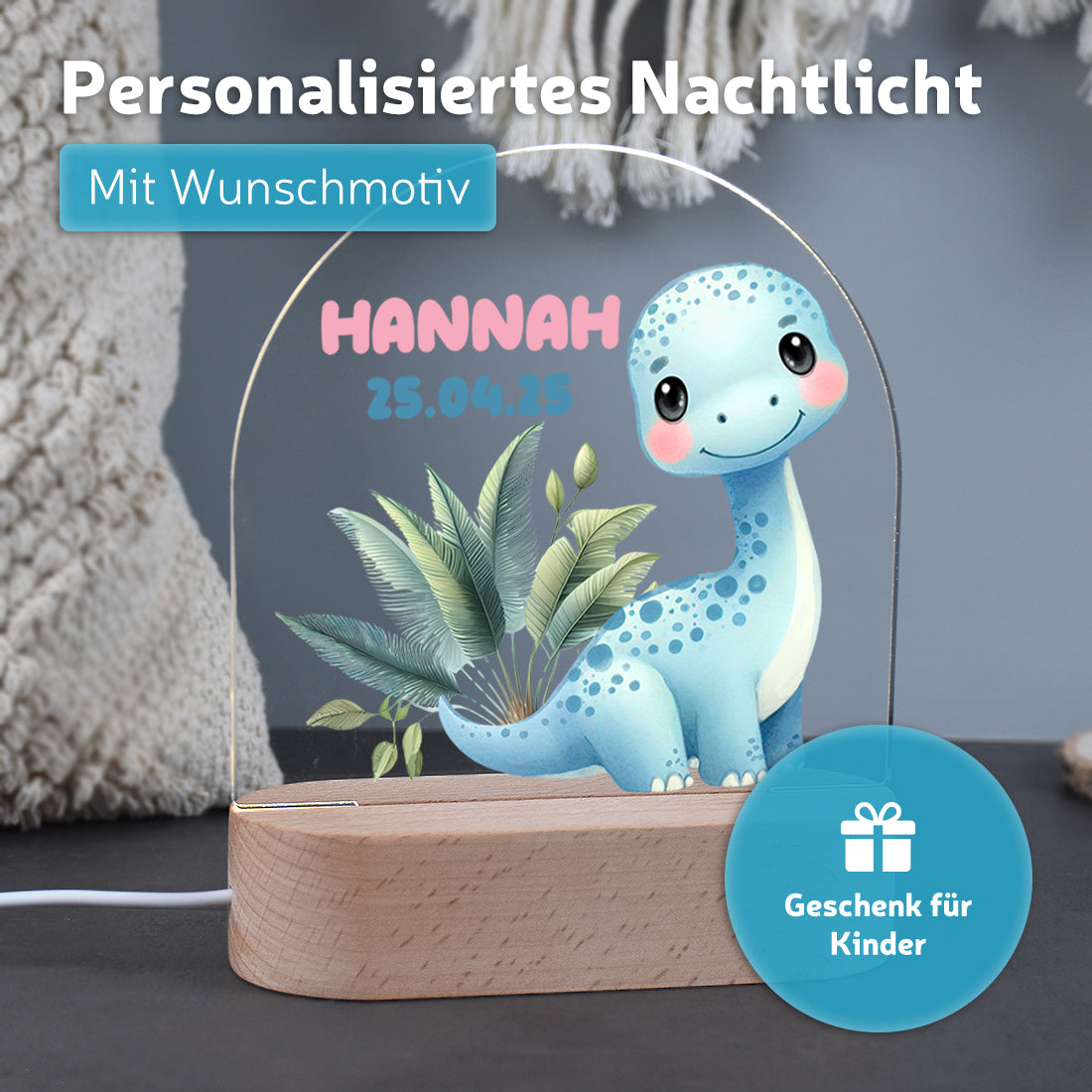Personalisiertes Dino Nachtlicht – Blauer Dinosaurier mit Name