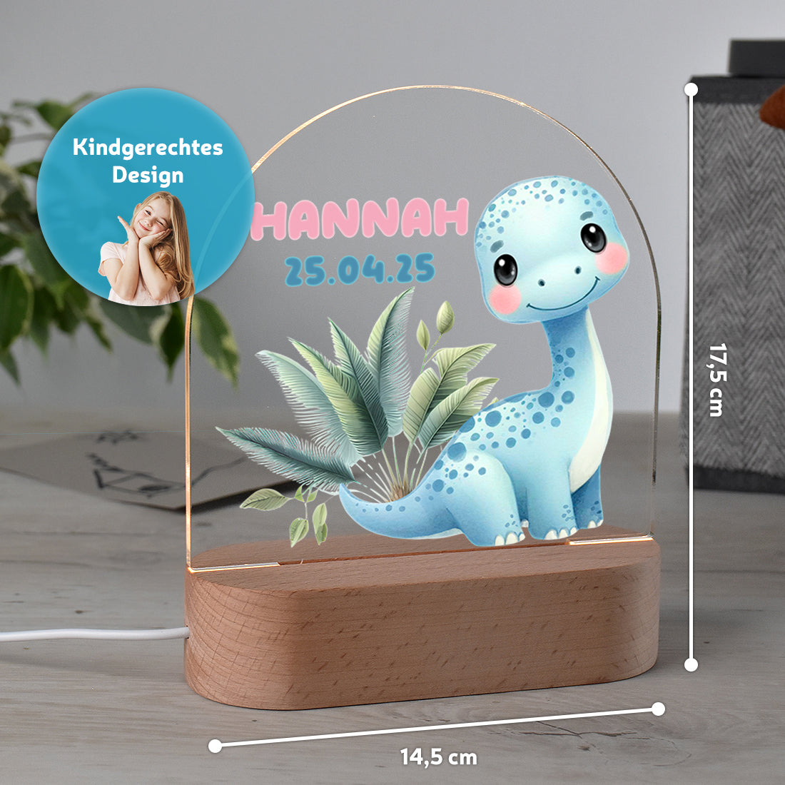 Personalisiertes Dino Nachtlicht – Blauer Dinosaurier mit Name