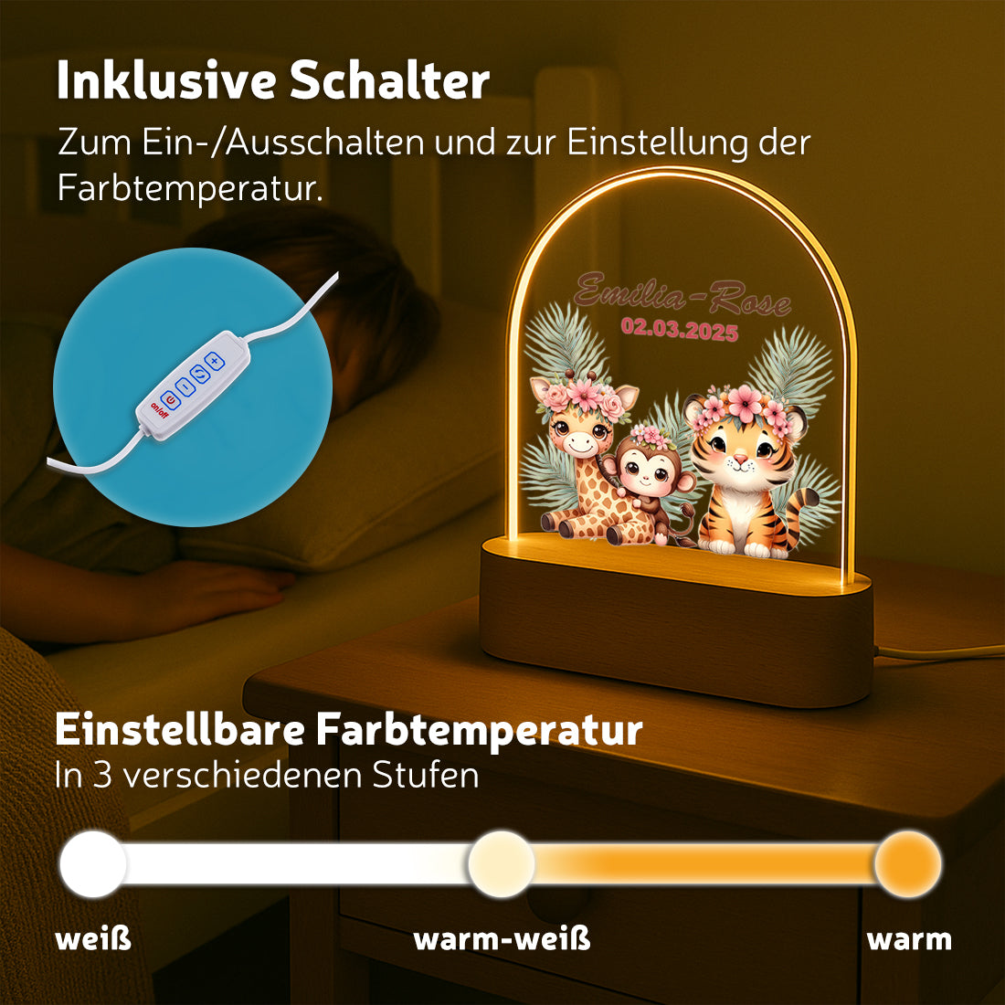 LED-Nachtlicht Safari-Tiere mit Namen – Giraffe, Tiger & Affe