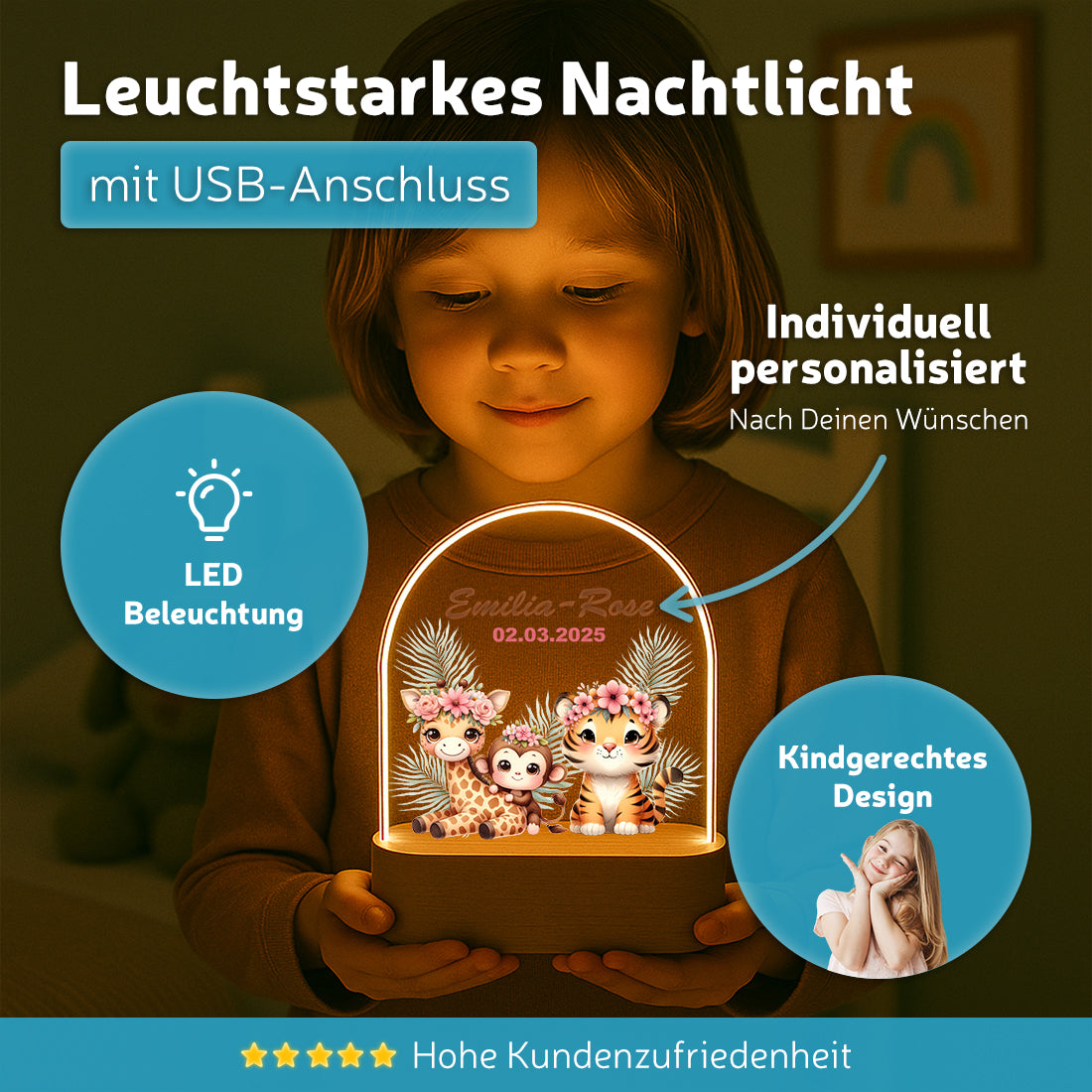 LED-Nachtlicht Safari-Tiere mit Namen – Giraffe, Tiger & Affe
