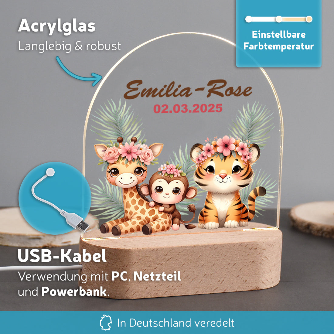 LED-Nachtlicht Safari-Tiere mit Namen – Giraffe, Tiger & Affe