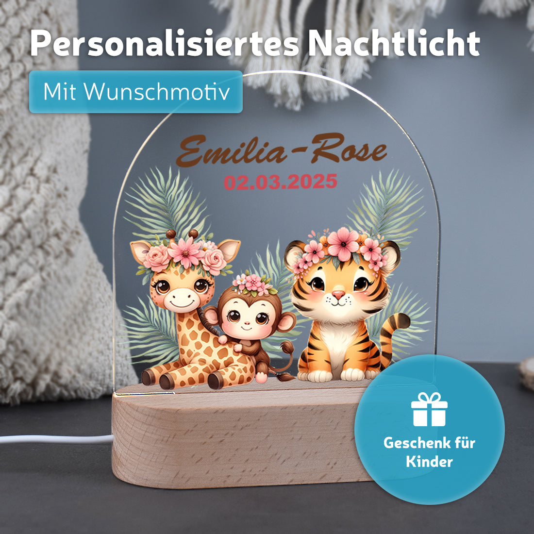 LED-Nachtlicht Safari-Tiere mit Namen – Giraffe, Tiger & Affe