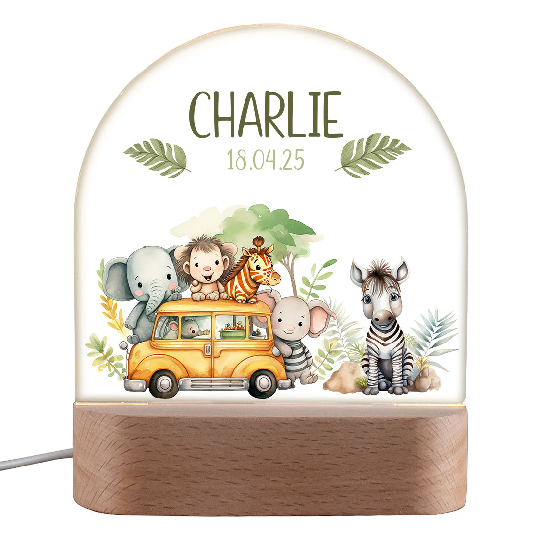 Personalisiertes LED Nachtlicht für Kinder mit Motiv Safari-Bus