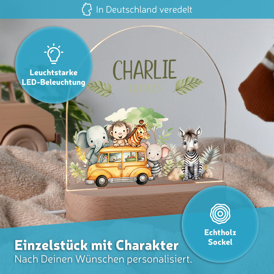 LED-Kinderzimmerlampe auf Echtholz-Sockel mit Motiv Safari-Bus