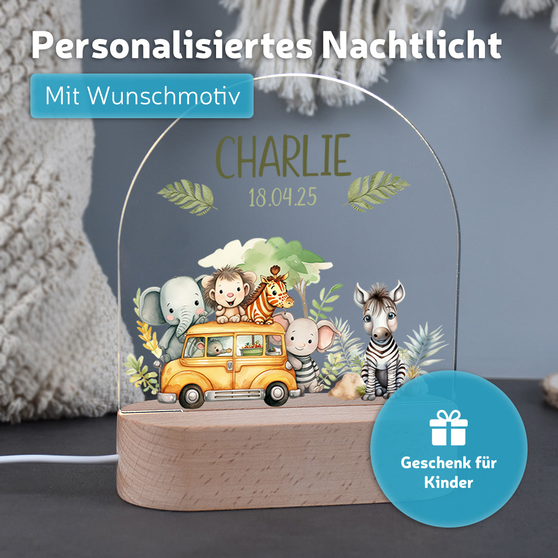 Personalisiertes Nachtlicht leuchtend mit Wunschmotiv Safari-Bus