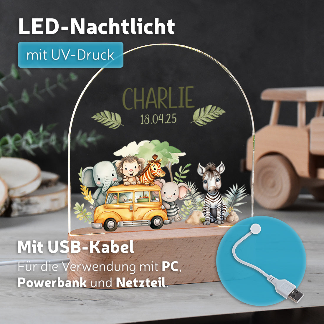 Nachtlicht UV Druck mit USB Kabel mit Motiv Safari-Bus