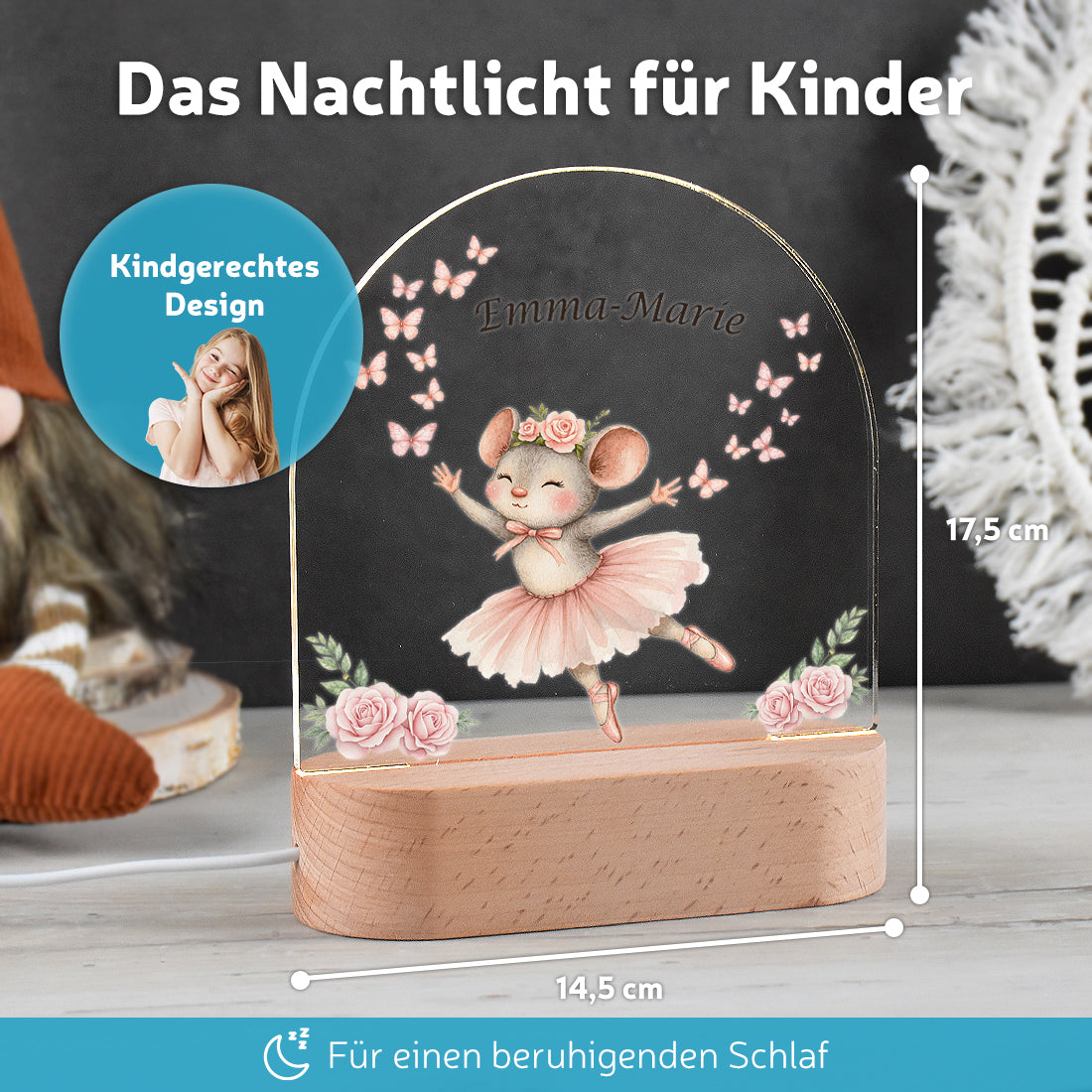Personalisiertes LED-Nachtlicht "Kleine Ballerina" – Tanzende Maus mit Wunschnamen