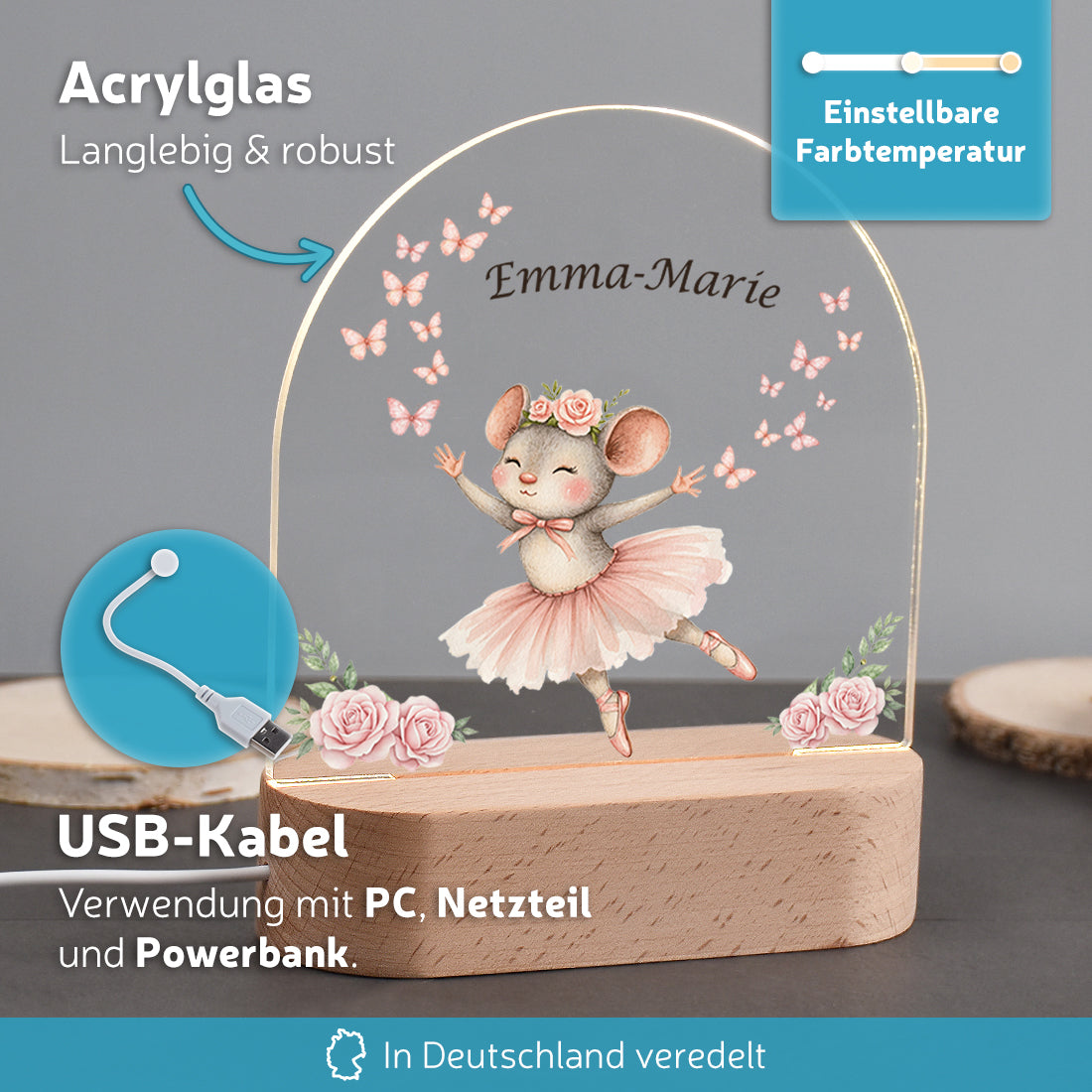 Personalisiertes LED-Nachtlicht "Kleine Ballerina" – Tanzende Maus mit Wunschnamen