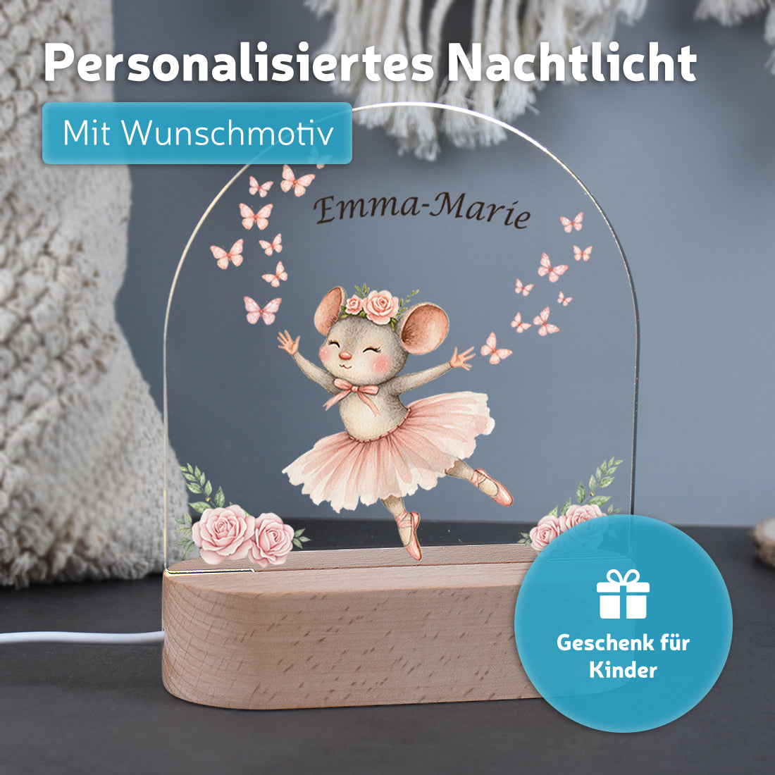 Personalisiertes LED-Nachtlicht "Kleine Ballerina" – Tanzende Maus mit Wunschnamen