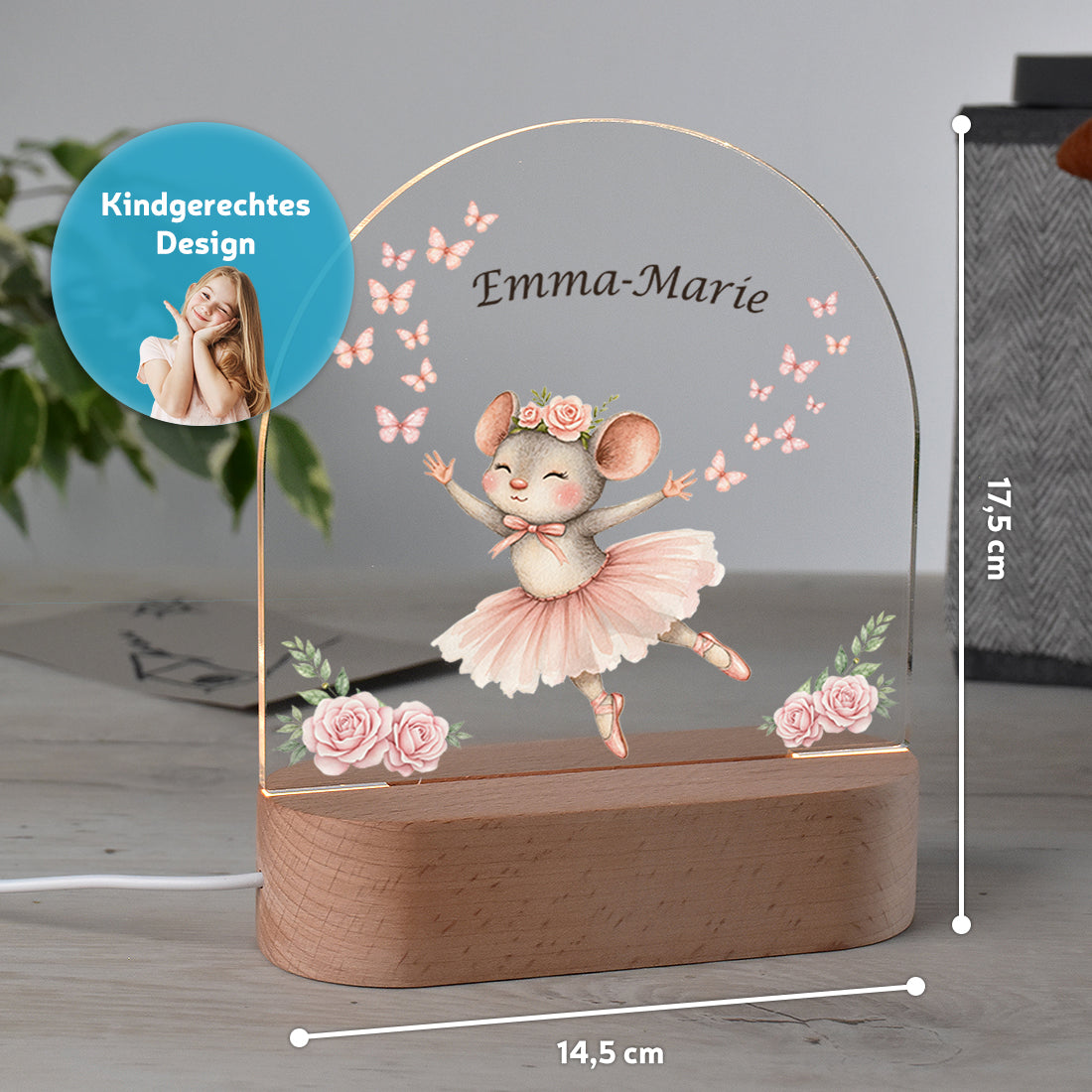 Personalisiertes LED-Nachtlicht "Kleine Ballerina" – Tanzende Maus mit Wunschnamen