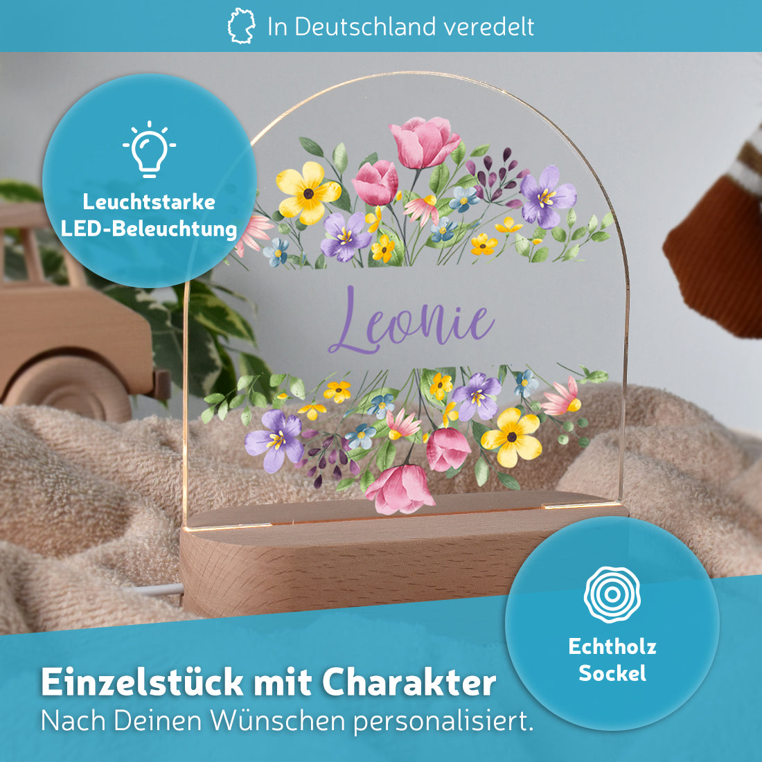 LED-Nachtlicht mit Blumen-Kranz – Personalisiertes Geschenk