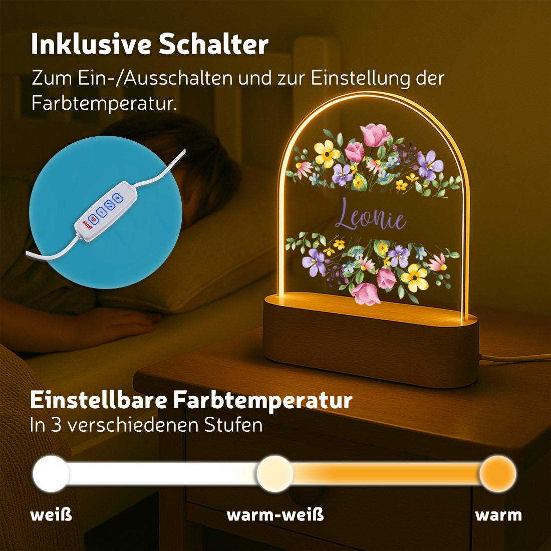 LED-Nachtlicht mit Blumen-Kranz – Personalisiertes Geschenk
