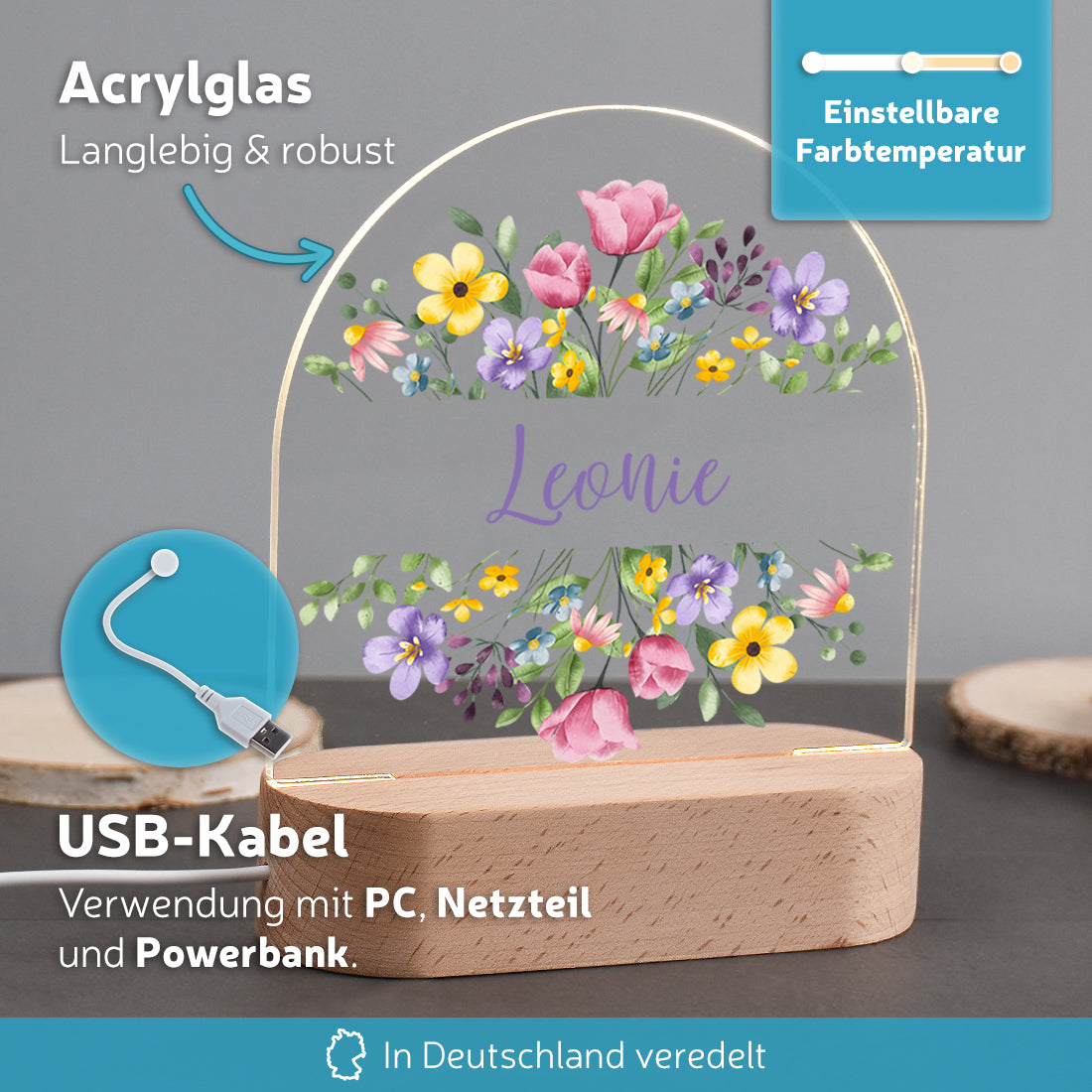 LED-Nachtlicht mit Blumen-Kranz – Personalisiertes Geschenk