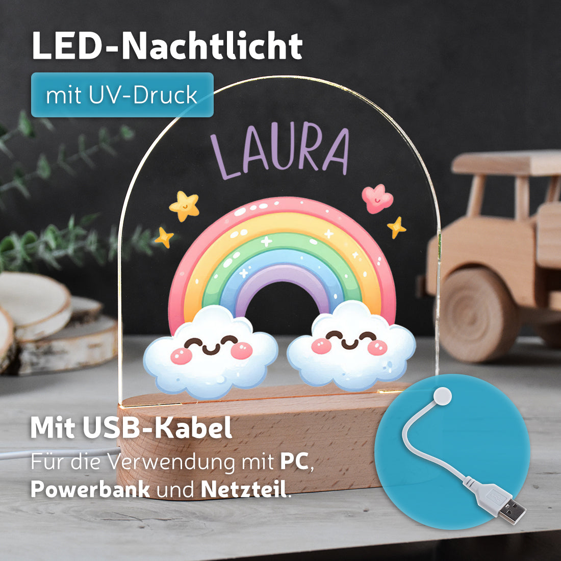 Personalisiertes LED-Nachtlicht "Regenbogen" – Farbenfrohes Schlummerlicht mit Namen