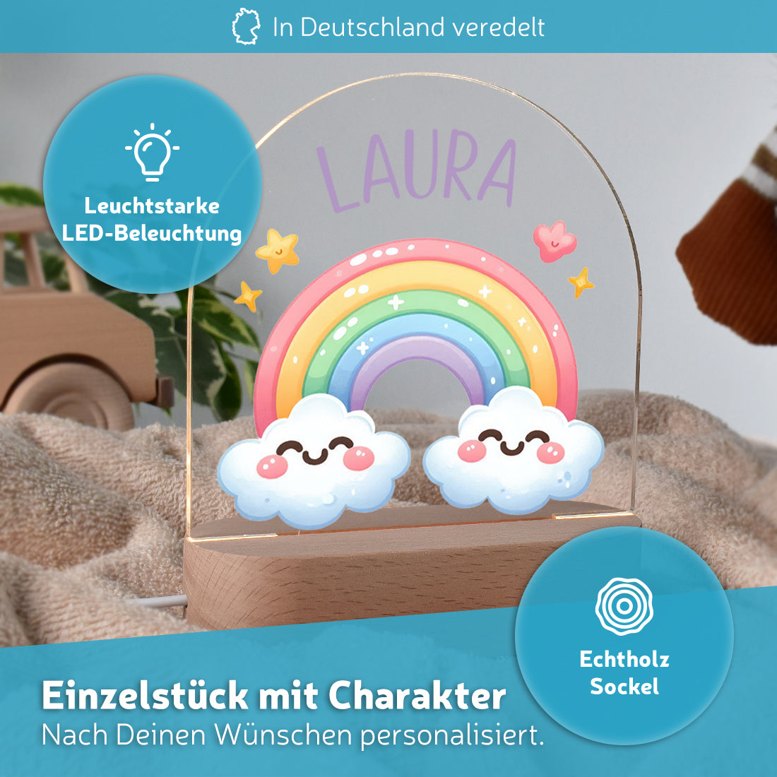 Personalisiertes LED-Nachtlicht "Regenbogen" – Farbenfrohes Schlummerlicht mit Namen