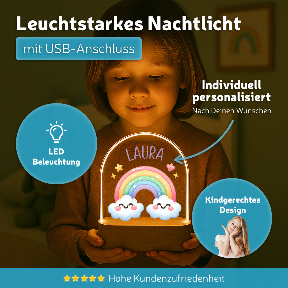 Personalisiertes LED-Nachtlicht "Regenbogen" – Farbenfrohes Schlummerlicht mit Namen