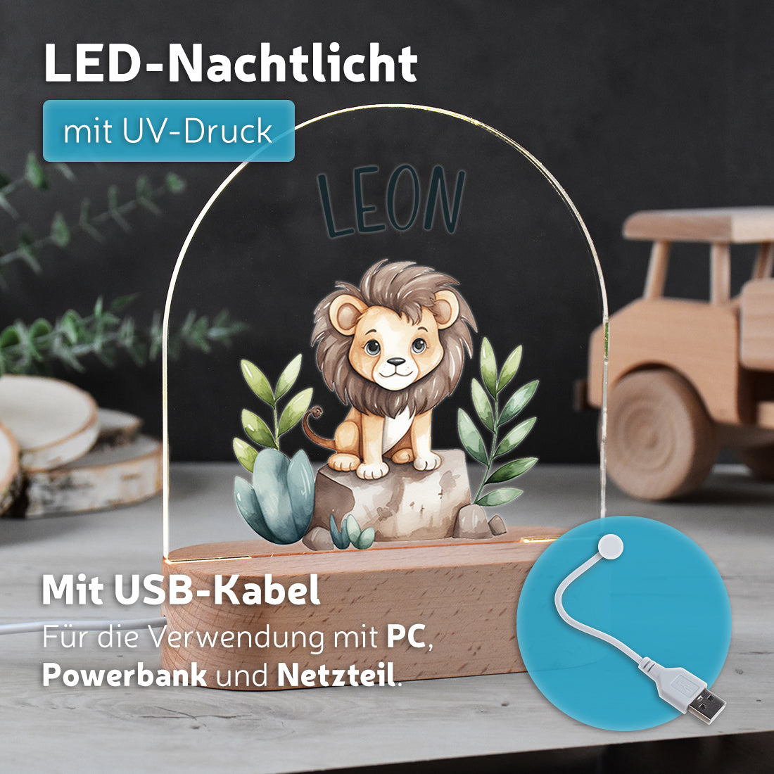 Nachtlicht mit Löwen-Motiv Seitenansicht Aquarell-Design