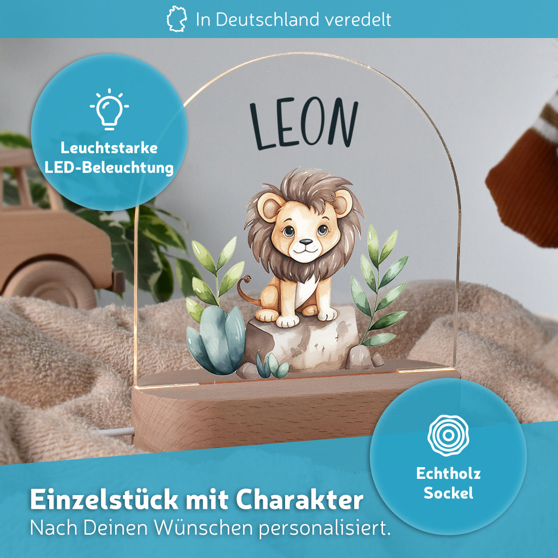 LED-Kinderzimmerlampe Löwe auf Echtholz-Sockel Nahaufnahme