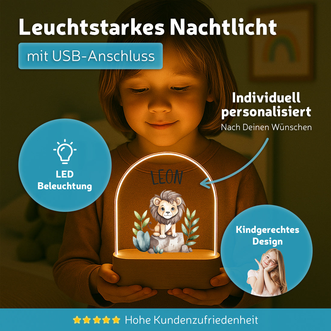 Personalisiertes Nachtlicht Löwe leuchtend in warmweißem Licht