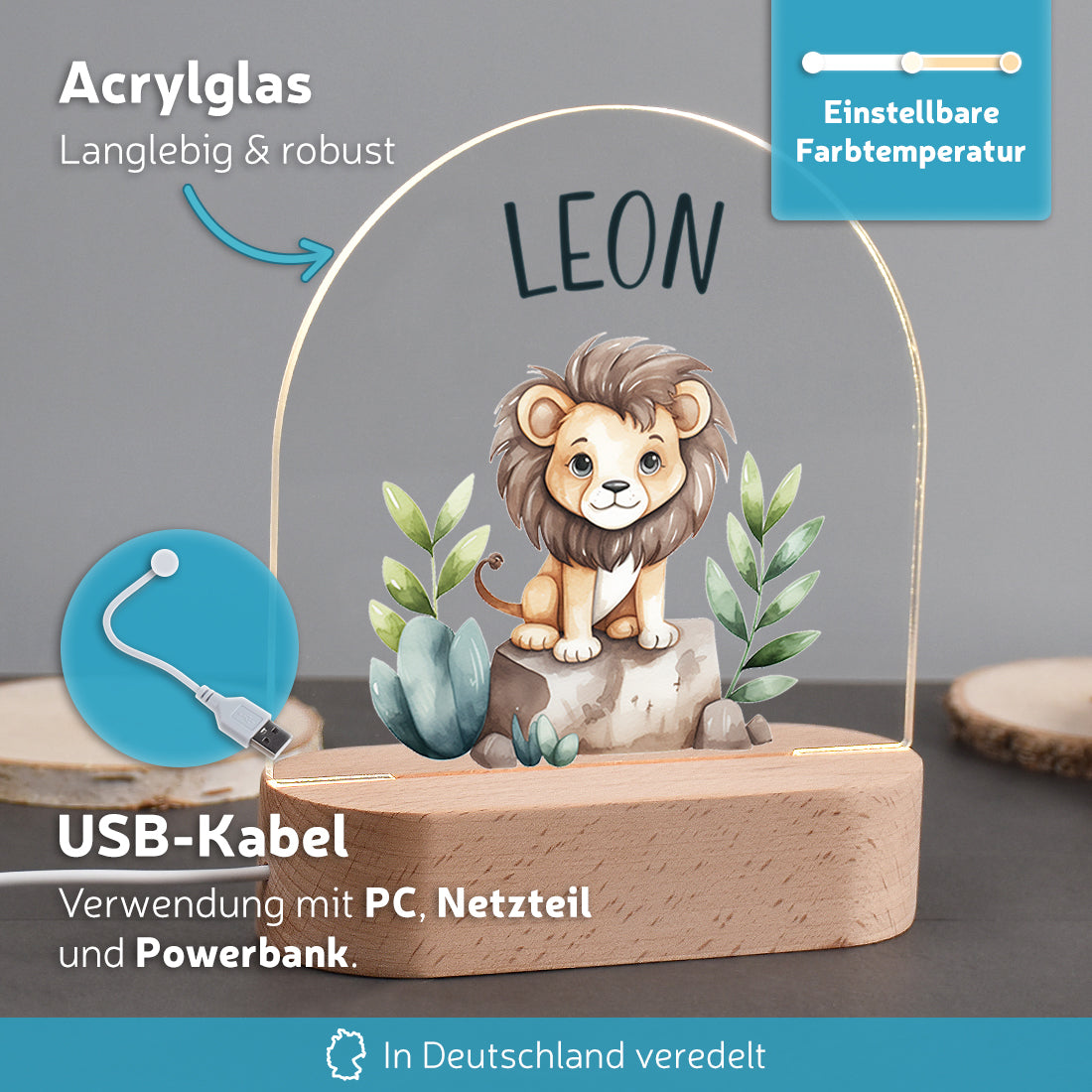 Nachtlicht Löwe mit USB-Kabel und Holzsockel Lieferumfang