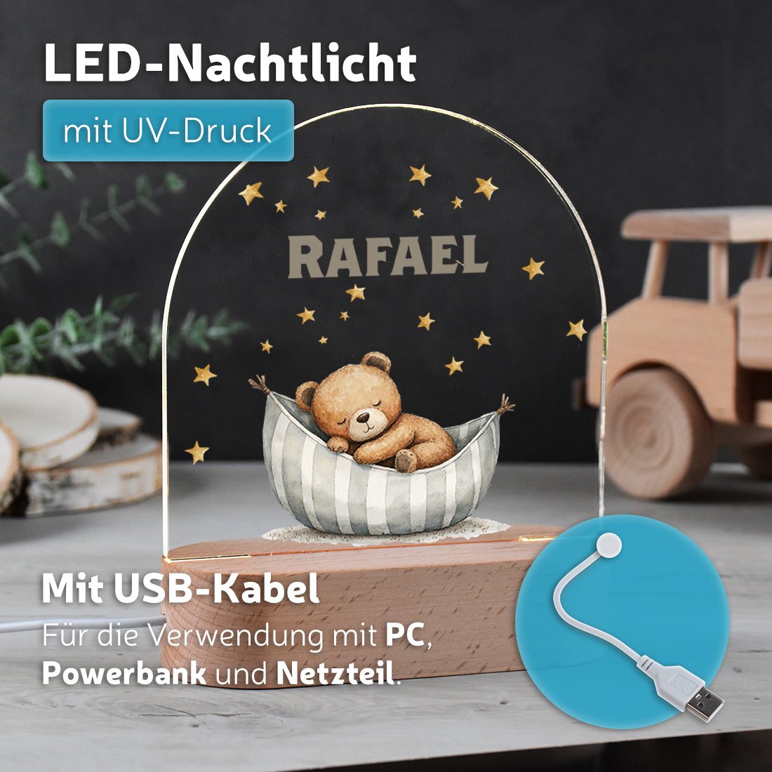 Personalisiertes LED-Nachtlicht "Schlaf gut, kleiner Bär" – Sternenhimmel mit Name