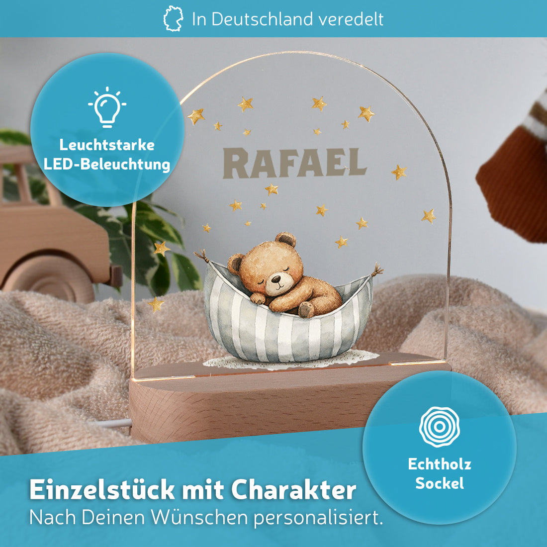 Personalisiertes LED-Nachtlicht "Schlaf gut, kleiner Bär" – Sternenhimmel mit Name