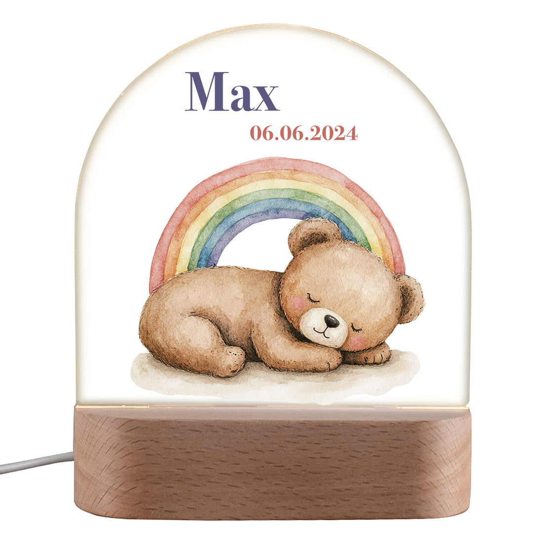 Personalisiertes LED-Nachtlicht für Kinder – Motiv Bär & Regenbogen