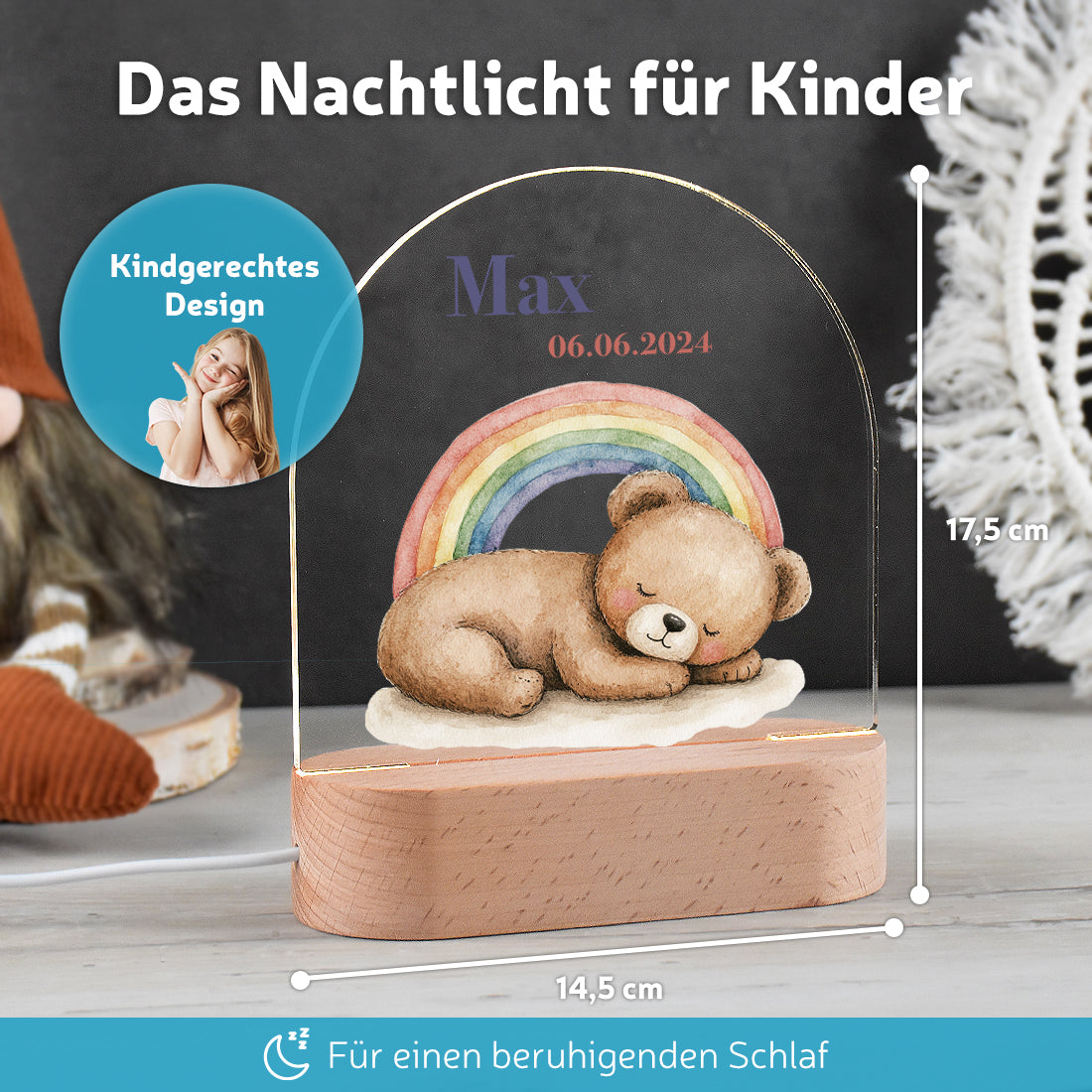 Personalisiertes LED-Nachtlicht für Kinder – Motiv Bär & Regenbogen