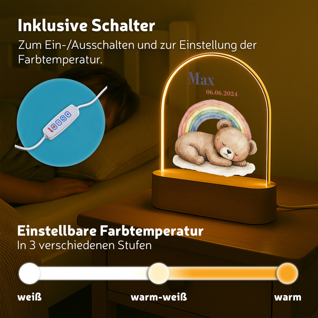 Personalisiertes LED-Nachtlicht für Kinder – Motiv Bär & Regenbogen