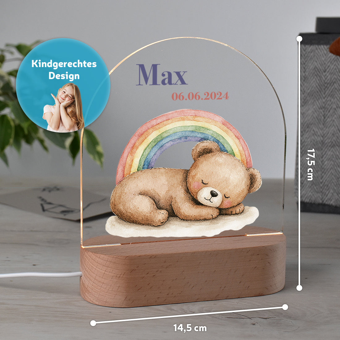 Personalisiertes LED-Nachtlicht für Kinder – Motiv Bär & Regenbogen