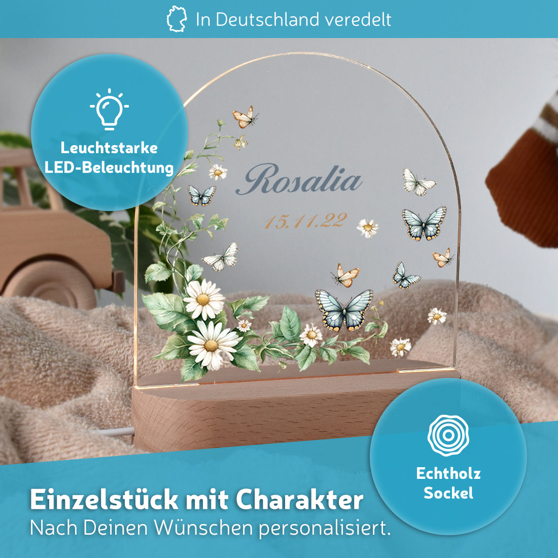 LED-Kinderzimmerlampe auf Echtholz-Sockel mit Motiv Schmetterlingstraum