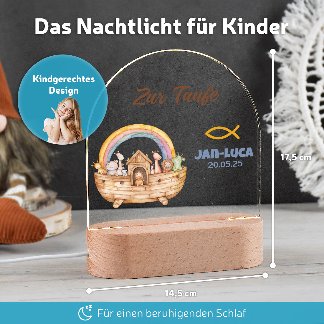 LED-Lampe im Kinderzimmer dekoriert mit Motivs Arche Noah zur Taufe