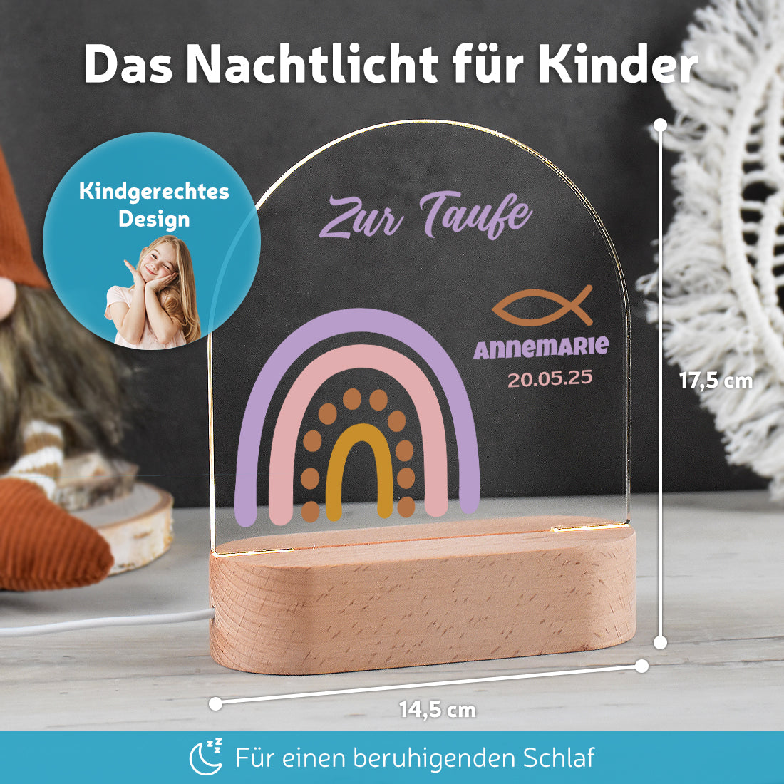 LED-Lampe im Kinderzimmer dekoriert mit Motivs Boho-Regenbogen zur Taufe