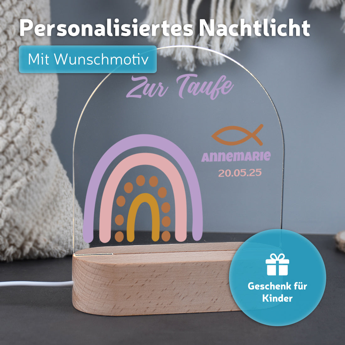 Nachtlicht mit individueller Namensgravur mit Motiv Boho-Regenbogen zur Taufe